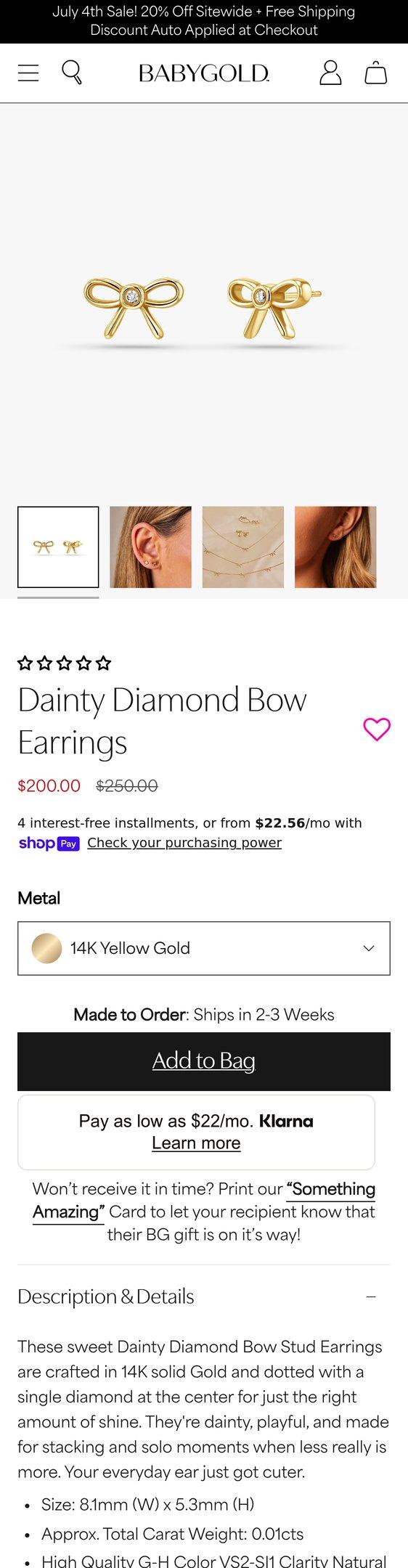 14K Gold Dainty Diamond Bow Earrings