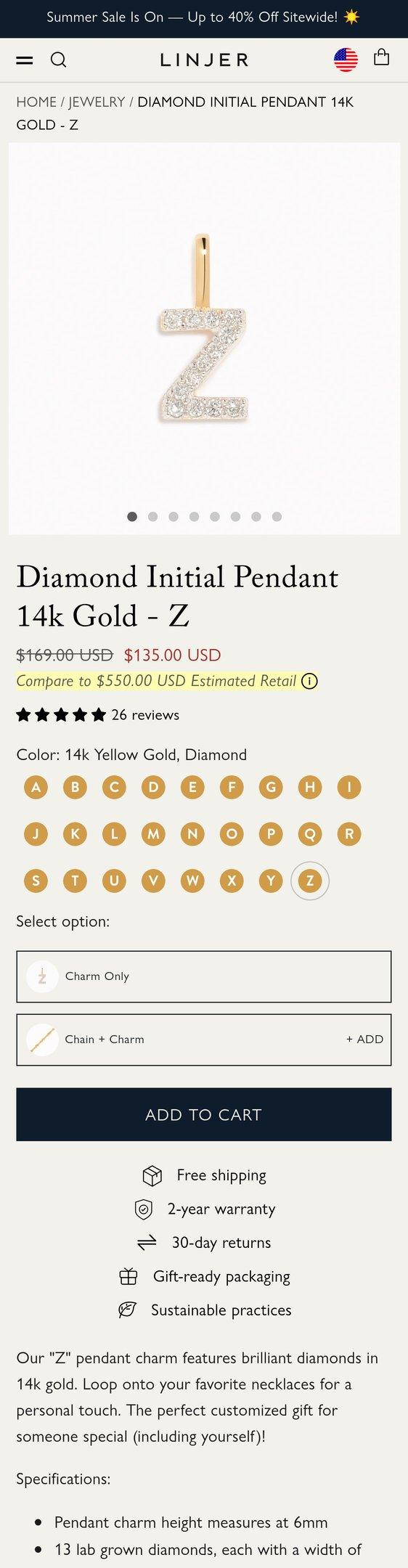 Diamond Initial Pendant 14k Gold - Z