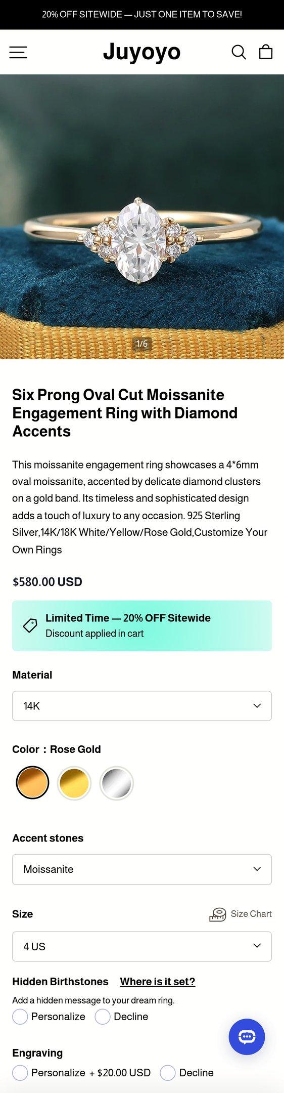 Six Prong Oval Cut Moissanite Engagement Ring with Diamond Accents