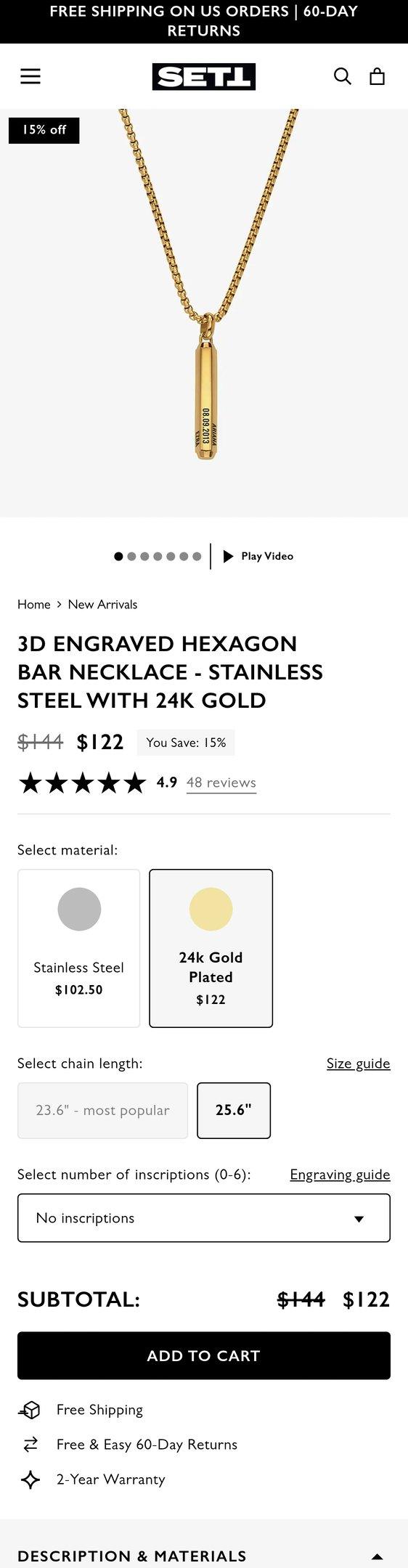 3D Engraved Hexagon Bar Necklace - Stainless Steel with 24K Gold