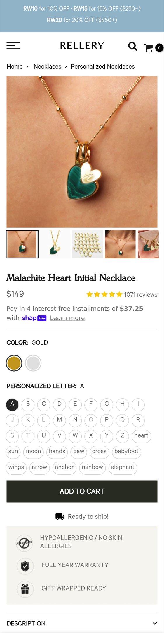 Malachite Heart Initial Necklace