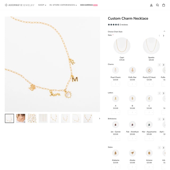adorn512 Shopify store product customization example — jewelry with accessories and custom built