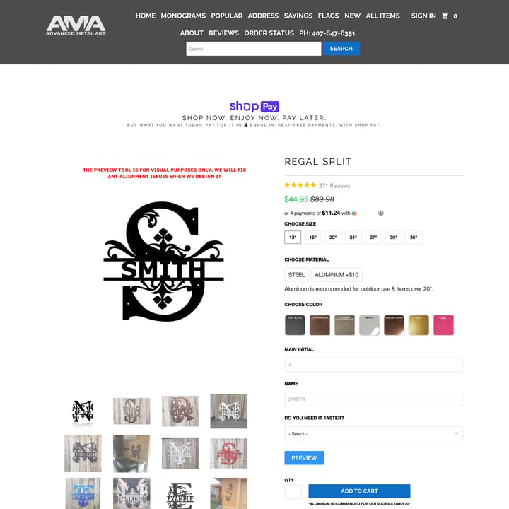 Advanced Metal Art Shopify store product customization example — home decor with custom size and decor