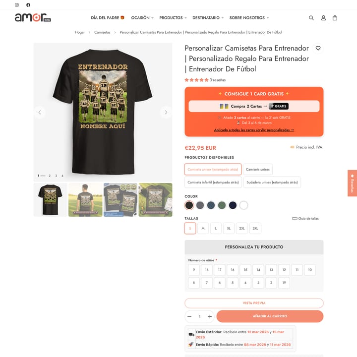 Amor1970s Shopify store product customization example — apparel with apparel and clothing