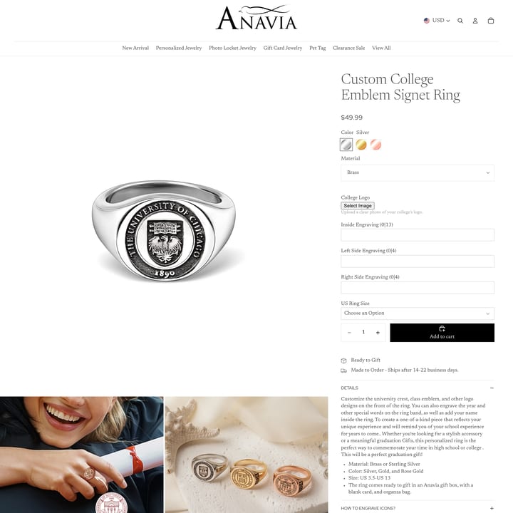 Anavia Jewelry & Gift Shopify store product customization example — jewelry with accessories and engraving