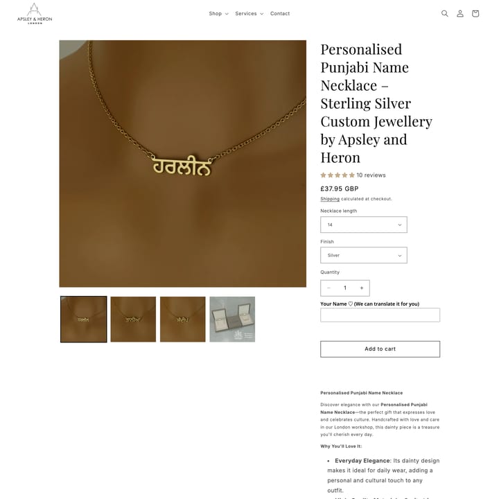 Apsley & Heron Shopify store product customization example — jewelry with accessories and custom size