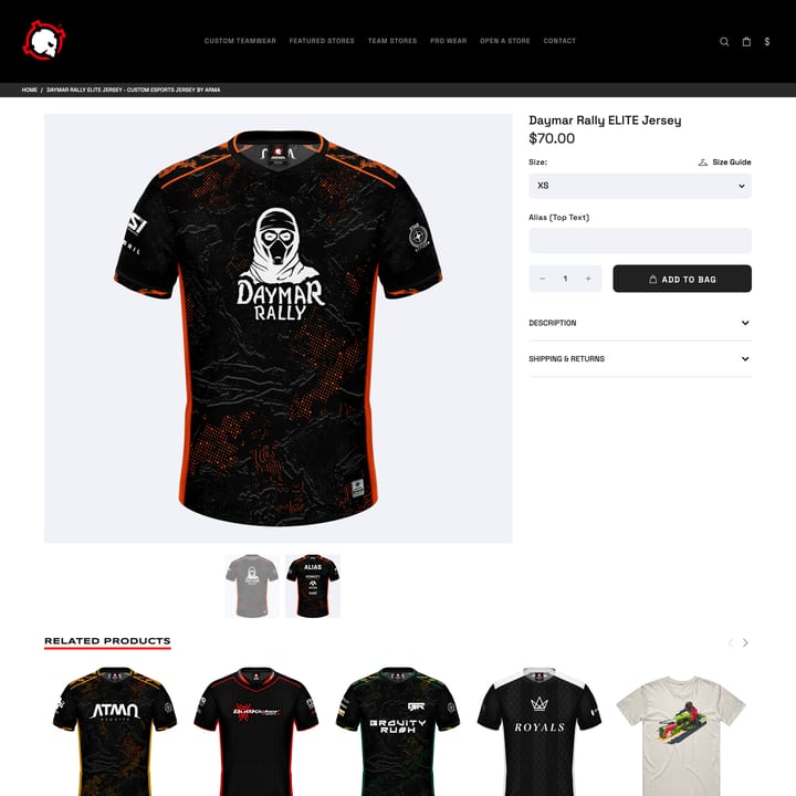 ARMA Shopify store product customization example — apparel with active and apparel