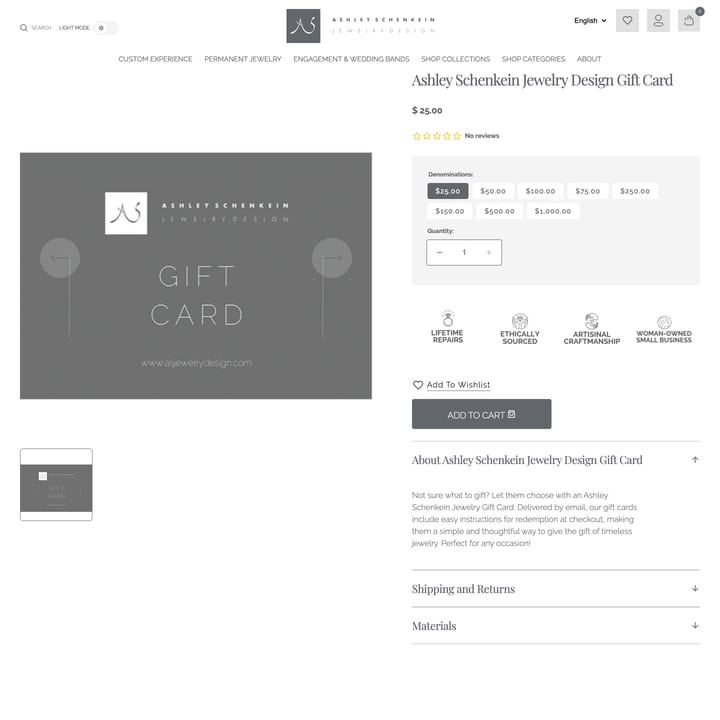 Ashley Schenkein Jewelry Design Shopify store product customization example — gifts & occasions with accessories and jewelry