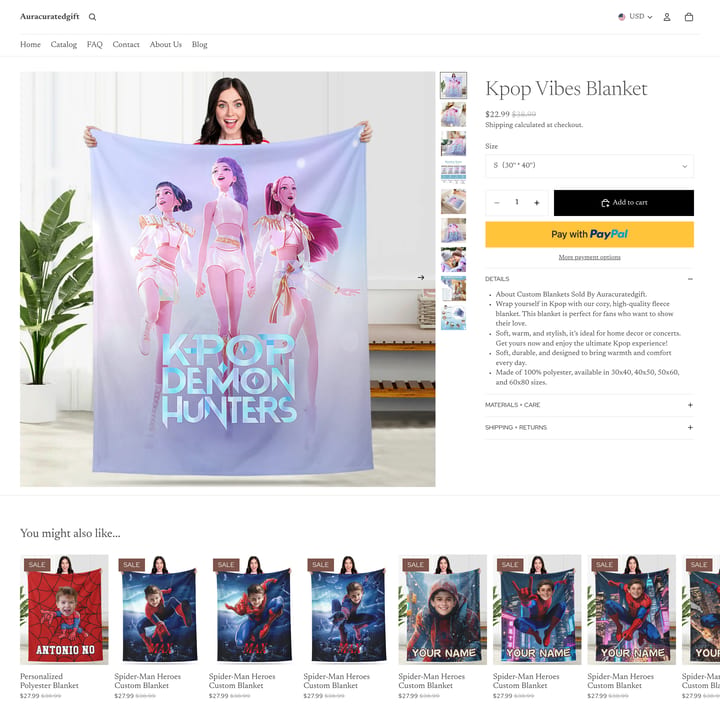 Auracuratedgift Shopify store product customization example — home decor with custom size and decor