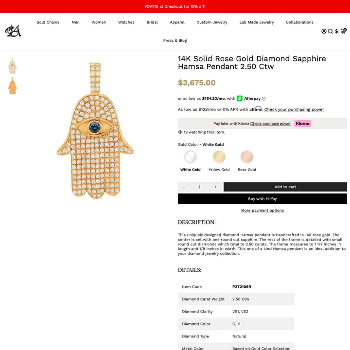 Avianne & Co. Shopify store product customization example — jewelry with accessories and color custom