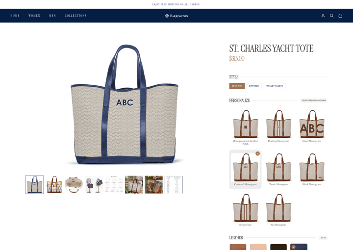 Barrington Gifts Shopify store product customization example — apparel & accessories with personalized and monogram