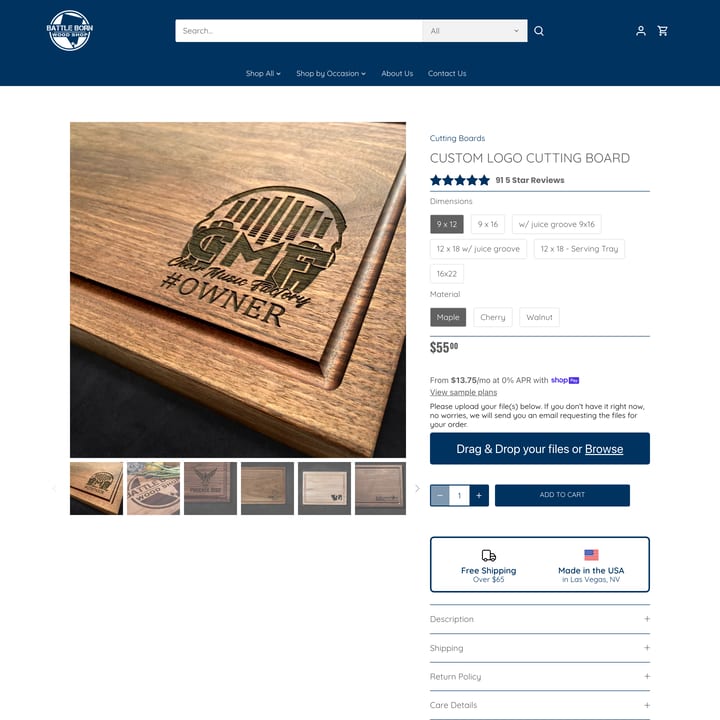 Battle Born Wood Shop Shopify store product customization example — home decor with custom print and decor