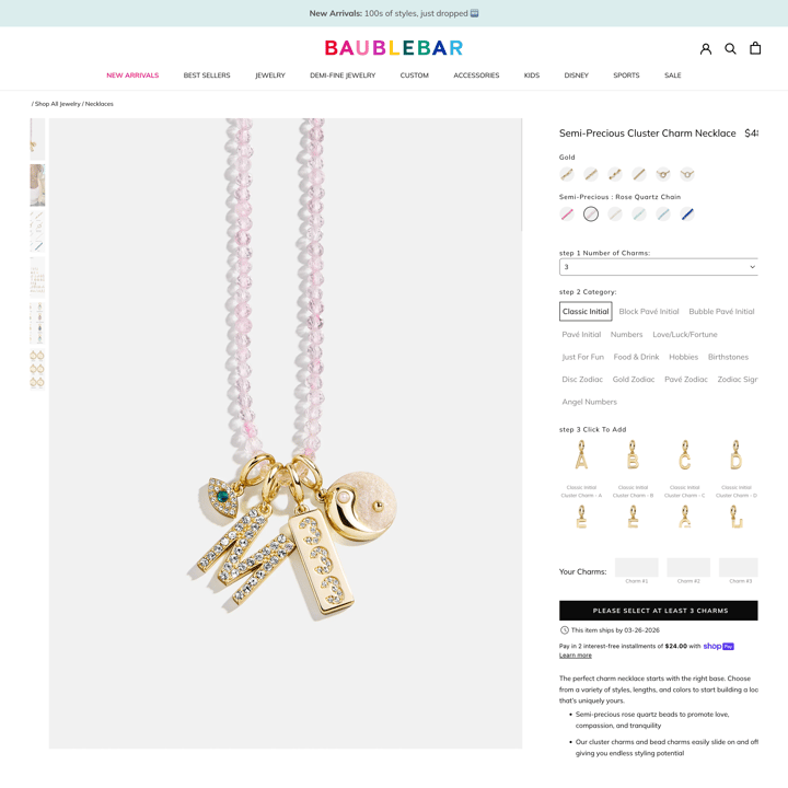 BaubleBar Shopify store product customization example — jewelry with accessories and color custom