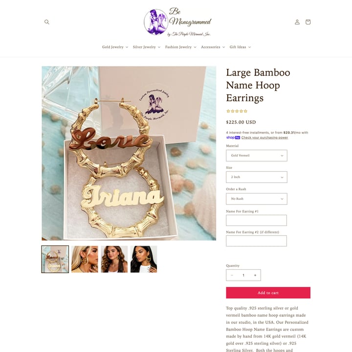 Be Monogrammed Shopify store product customization example — jewelry with accessories and custom size