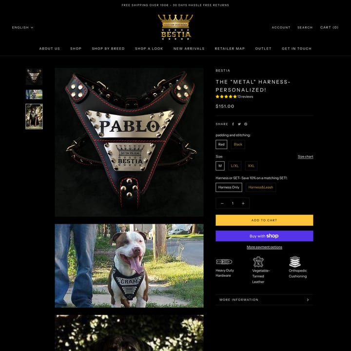 Bestia Collars Shopify store product customization example — pet with animals and custom size