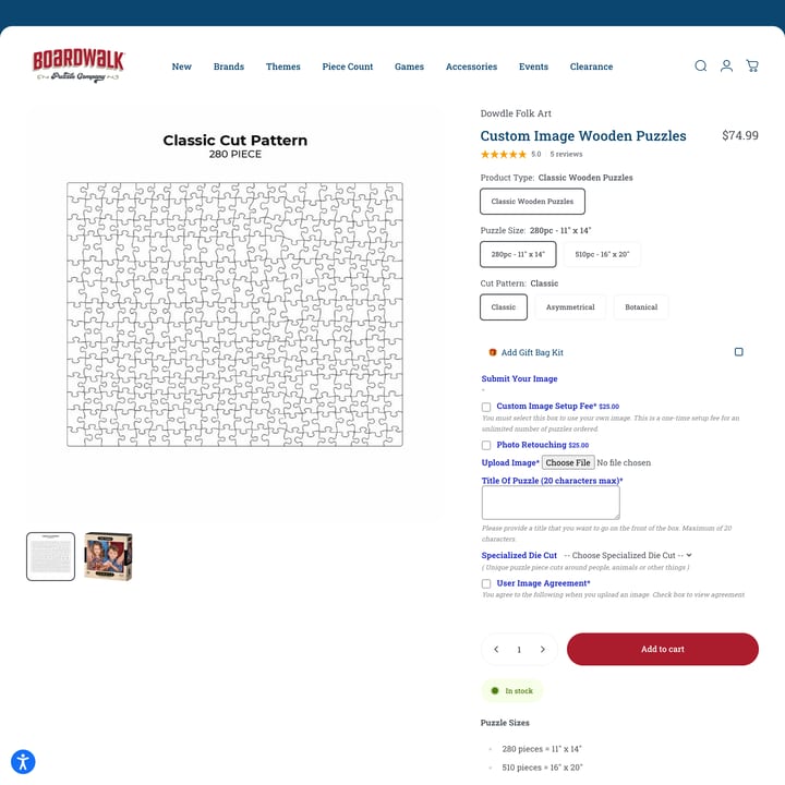 Boardwalk Puzzles Shopify store product customization example — gifts & occasions with gifts and live preview