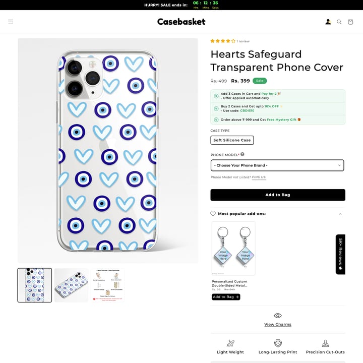 Casebasket Shopify store product customization example — tech accessories with gadgets and live preview