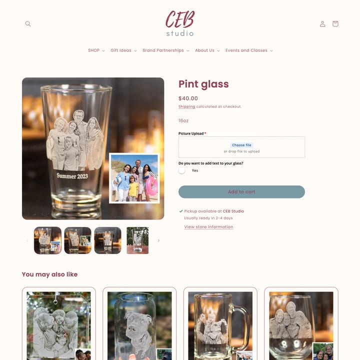 CEB studio Shopify store product customization example — gifts & occasions with gifts and live preview