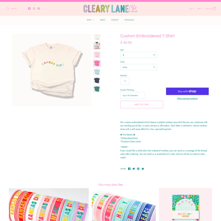 Cleary Lane Co. Shopify store product customization example — gifts & occasions with gifts and live preview