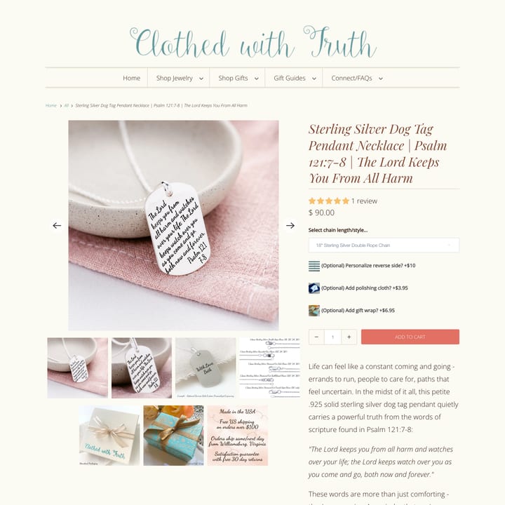 Clothed with Truth Shopify store product customization example — jewelry with apparel and clothing