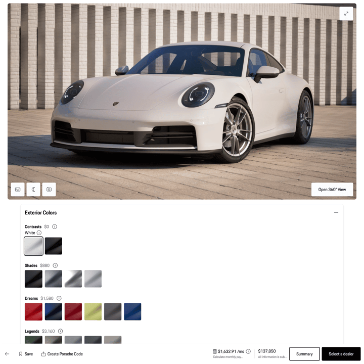 Porsche Configurator store product customization example — tech accessories with color custom and custom built
