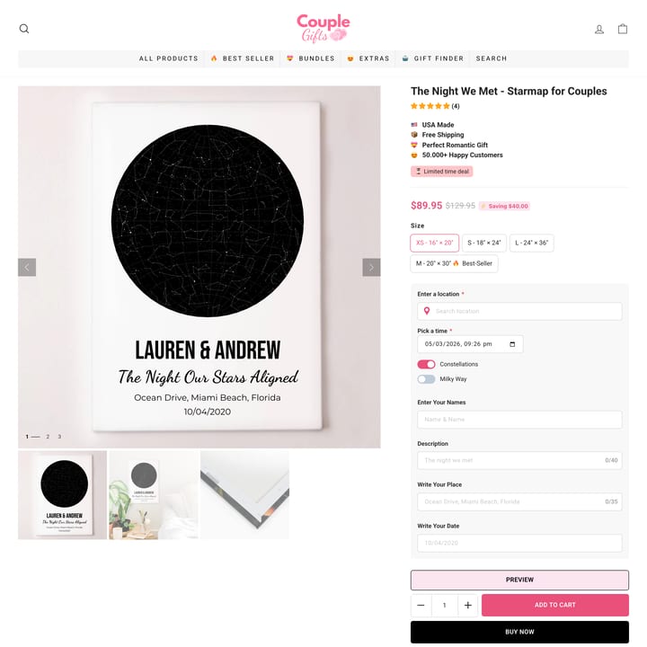 CoupleGifts Shopify store product customization example — home decor with decor and home
