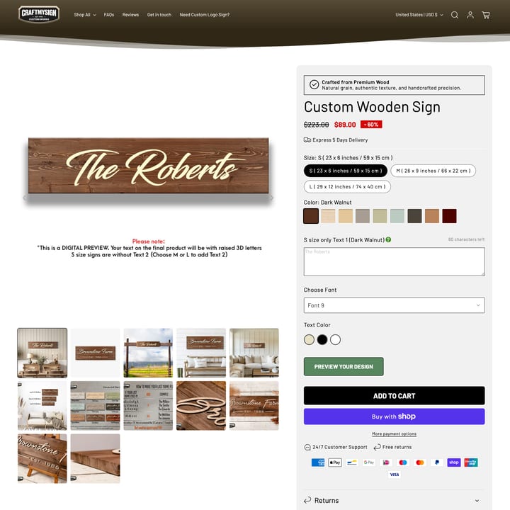 Craft My Sign Shopify store product customization example — home decor with custom print and decor