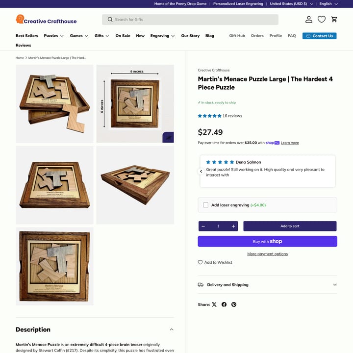 Creative Crafthouse Shopify store product customization example — gifts & occasions with engraving and gifts