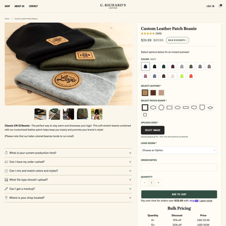 C. Richard's Leather Shopify store product customization example — apparel with apparel and clothing