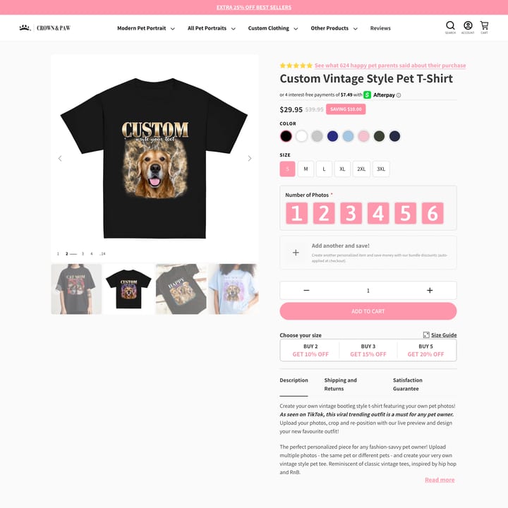 Crown & Paw Shopify store product customization example — pet with apparel and clothing