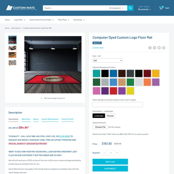 Custom Mats Shopify store product customization example — home decor with home decor and size customizer