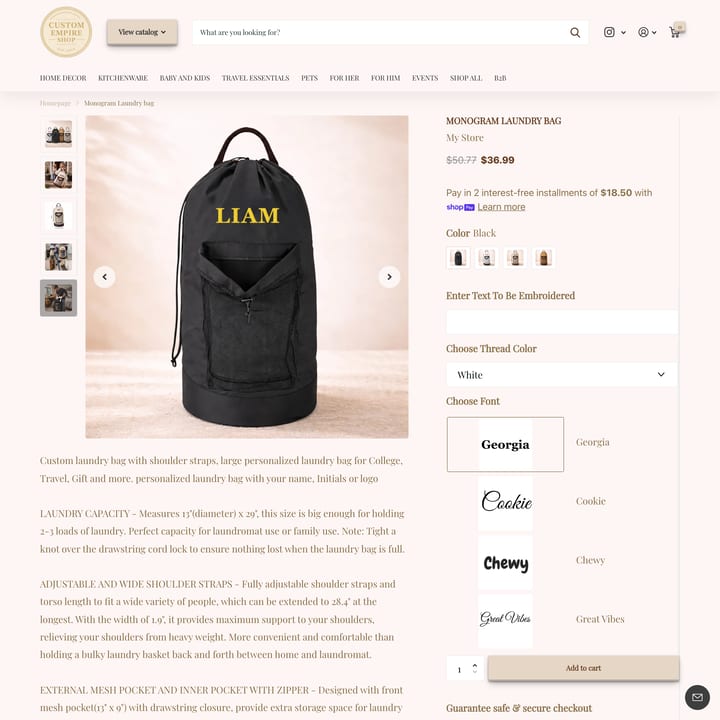 Custom Empire Shopify store product customization example — home decor with apparel and clothing