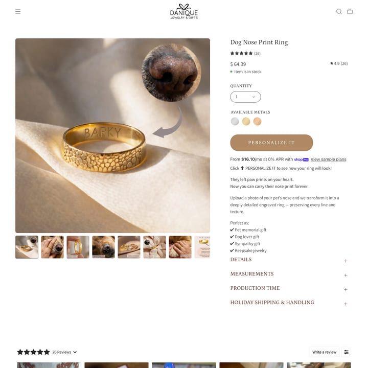 Danique Jewelry Shopify store product customization example — jewelry with accessories and custom print