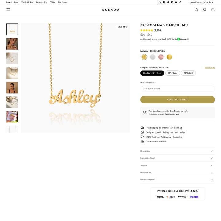 DORADO Shopify store product customization example — jewelry with accessories and engraving