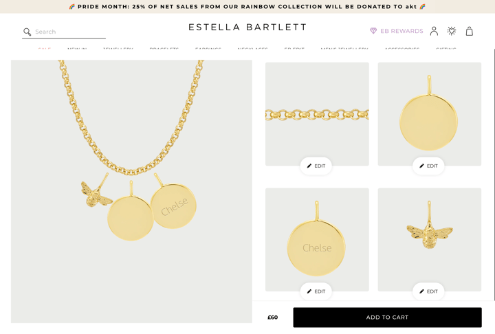 Estella Bartlett Shopify store product customization example — jewelry with personalized and custom built