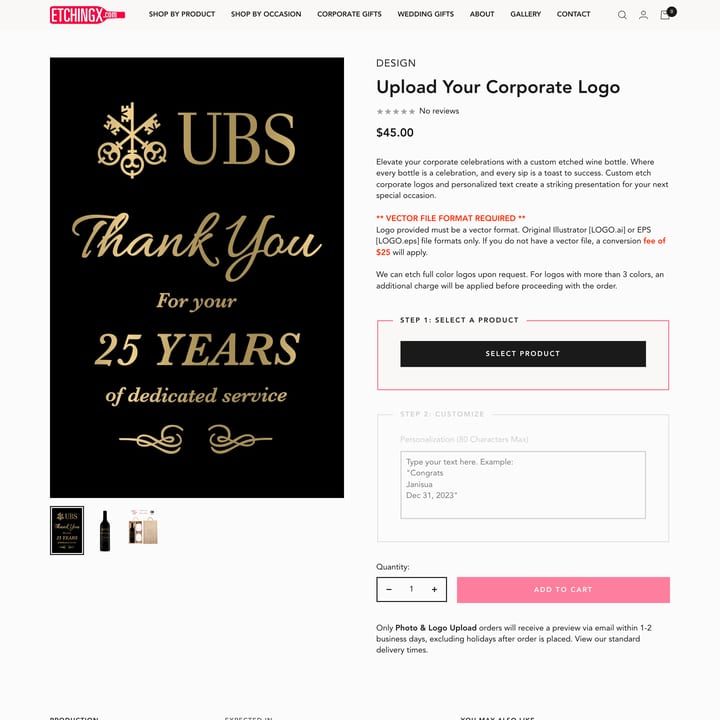 EtchingX Shopify store product customization example — gifts & occasions with custom print and engraving