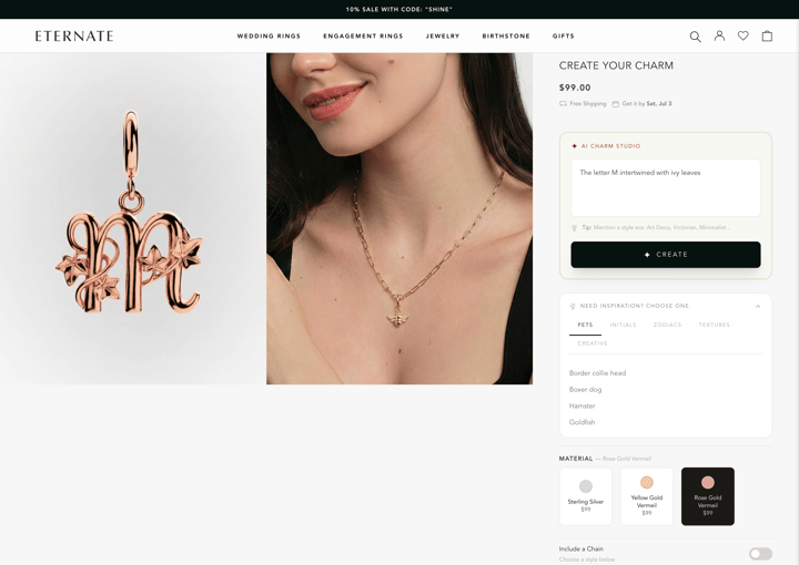 Eternate Shopify store product customization example — jewelry with accessories and color custom