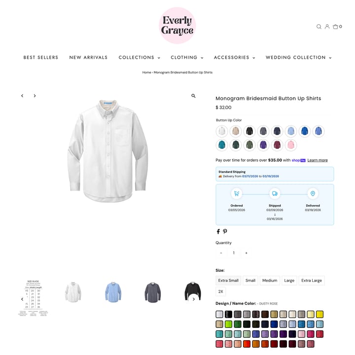 EverlyGrayce Shopify store product customization example — apparel with apparel and clothing