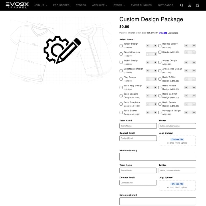 Evo9x Esports Shopify store product customization example — apparel with active and apparel