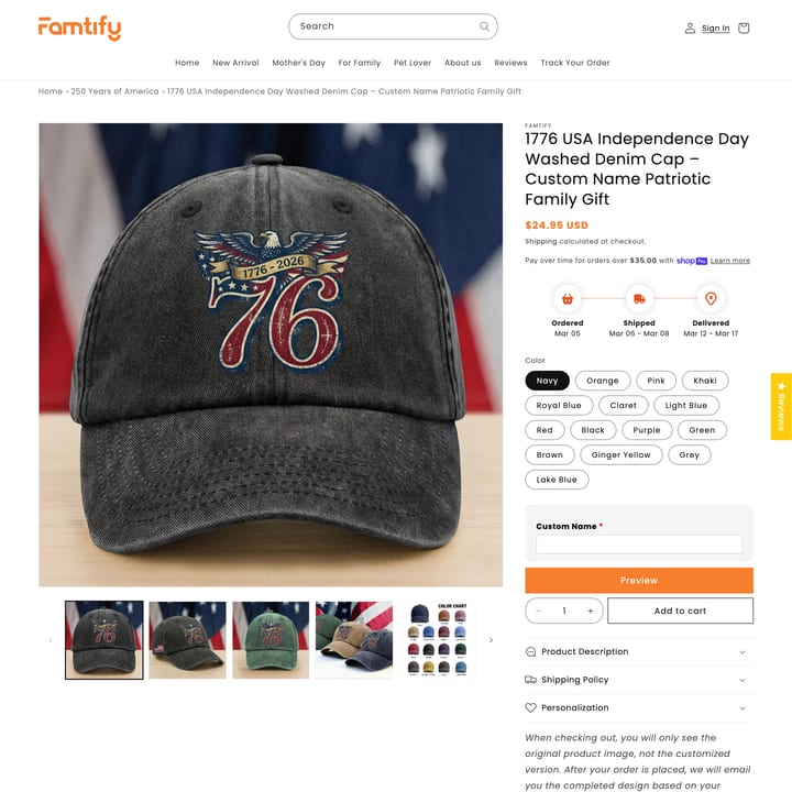 Famtify Shopify store product customization example — gifts & occasions with gifts and live preview