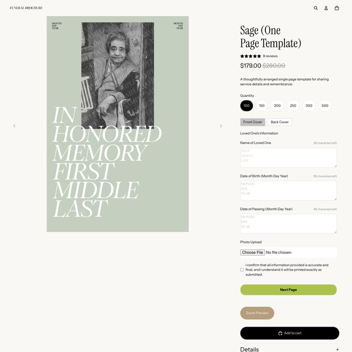 Funeral Brochure Shopify store product customization example — gifts & occasions with gifts and personalized