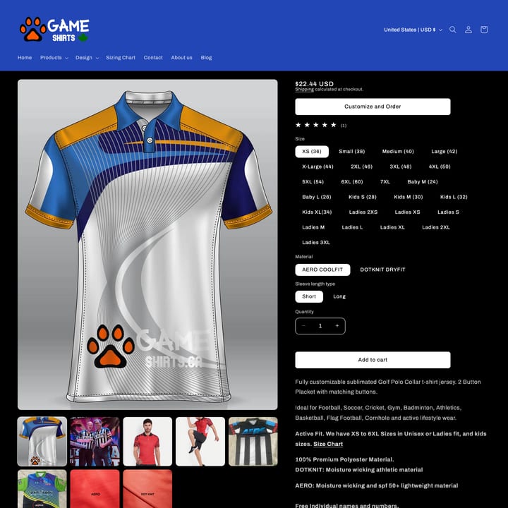 GameShirts Shopify store product customization example — apparel with active and apparel