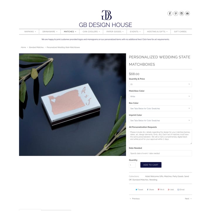 GB Design House Shopify store product customization example — gifts & occasions with gifts and live preview