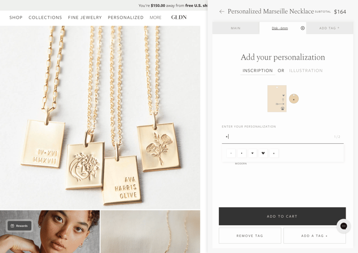 GLDN Shopify store product customization example — jewelry with personalized and custom built