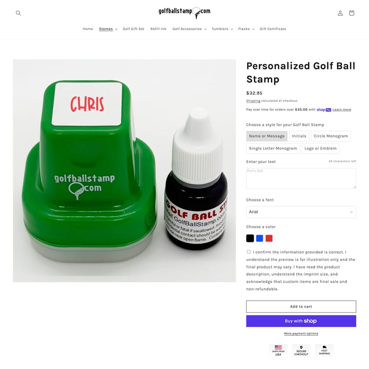GolfBallStamp Shopify store product customization example — sports & outdoors with active and color custom