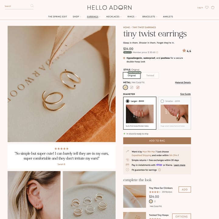 Hello Adorn Shopify store product customization example — jewelry with accessories and custom size