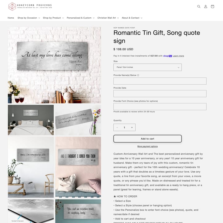 Honeycomb Proverbs Shopify store product customization example — gifts & occasions with gifts and live preview