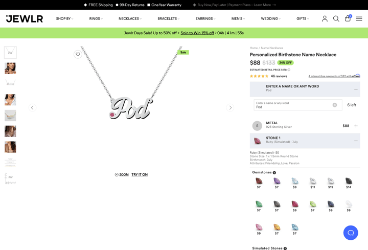 Jewlr store product customization example — jewelry with personalized and monogram