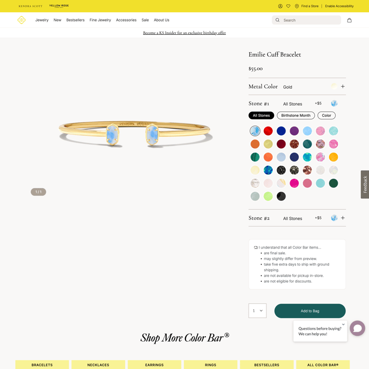 Kendra Scott store product customization example — jewelry with accessories and color custom