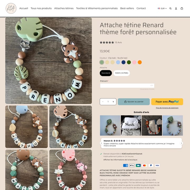 Kid Creation Artisanat Shopify store product customization example — gifts & occasions with gifts and color picker